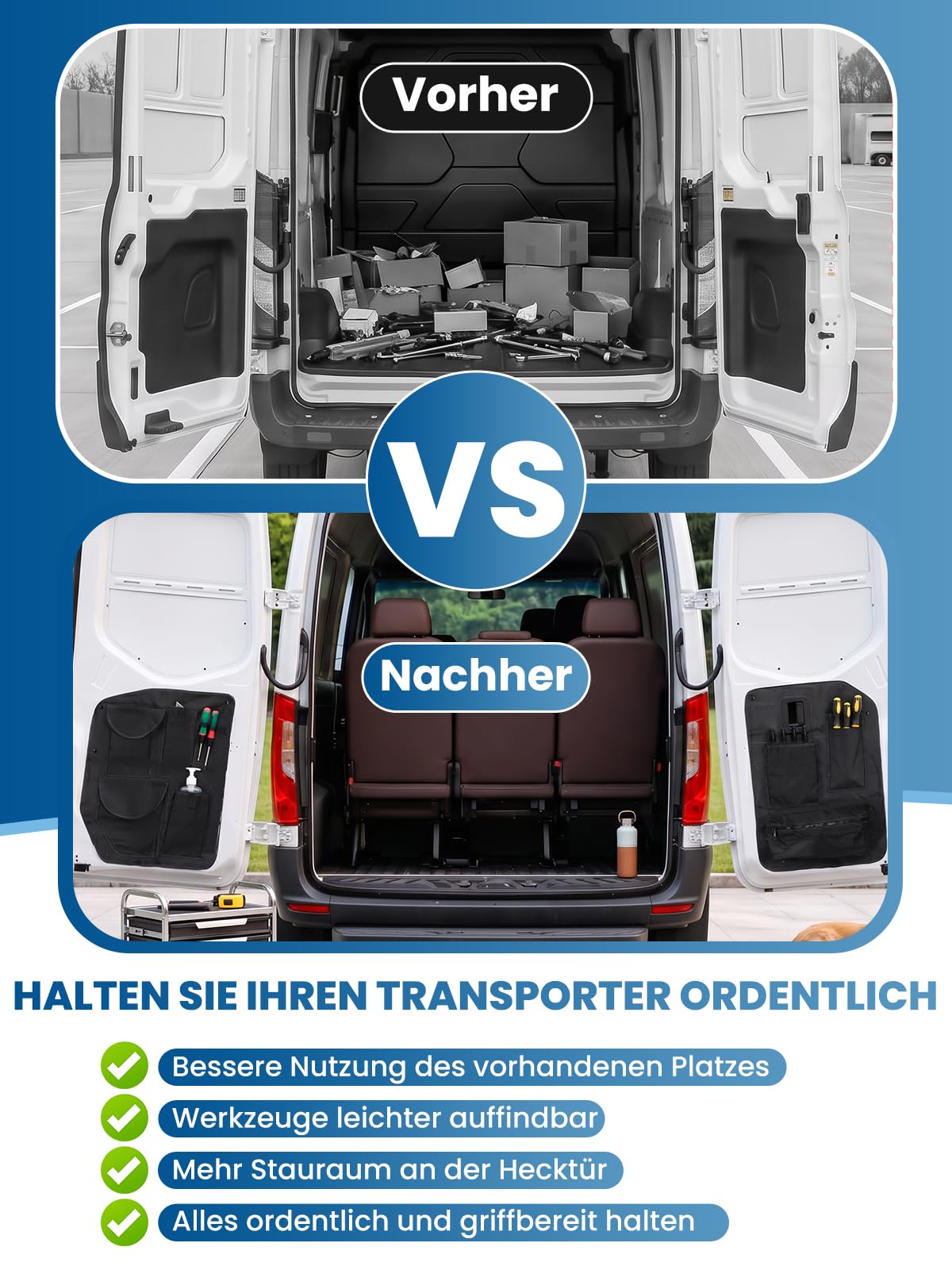 2er Set Aufbewahrungsorganizer Kompatibel mit Sprinter 2018-2026 VS30 W907/W910 Scheunentor Hecktür Taschen Kofferraum Auto Camping Zubehör Werkzeugtasche 600D Oxford Gewebe Wasserdicht