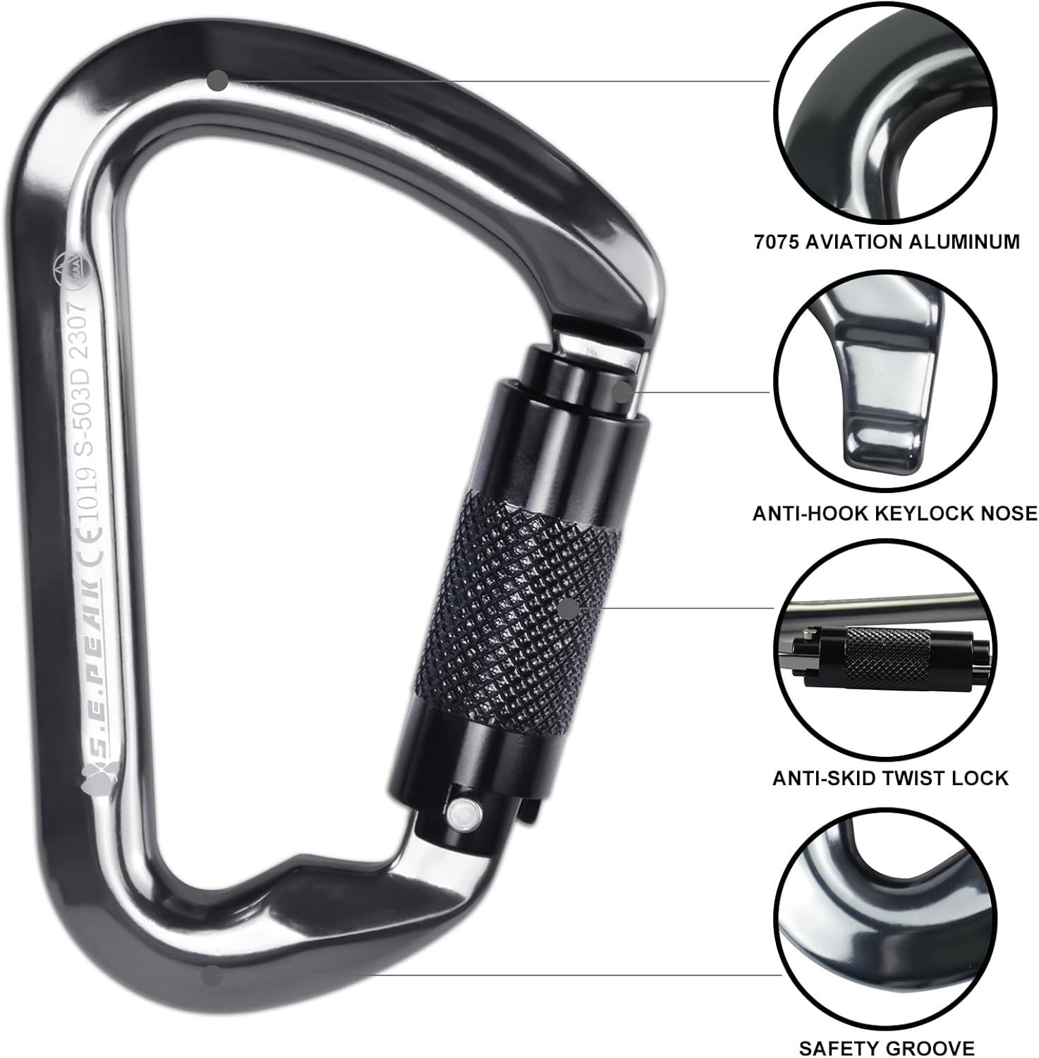 SEPEAK UIAA 30kN Climbing Carabiner Clips, Professional Heavy Duty Twist Locking Carabiners for Climbing,Mountaineering, Rappelling, Camping, Hiking, Swings, Large D Ring Hooks - Image 4