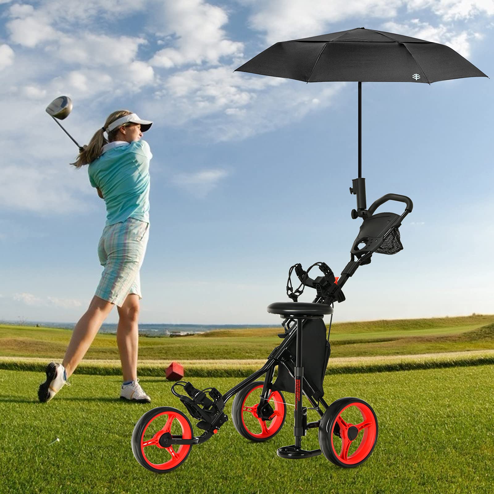 GYMAX Golf Push Trolley klappbar, 3-Rad Golfwagen mit Sitz & Verstellbarer Griff, Golftrolley, Golfcaddy, Golf Push Cart inkl. Scoreboard, Flaschehalter, Schirmhalter & Aufbewahrungstasche