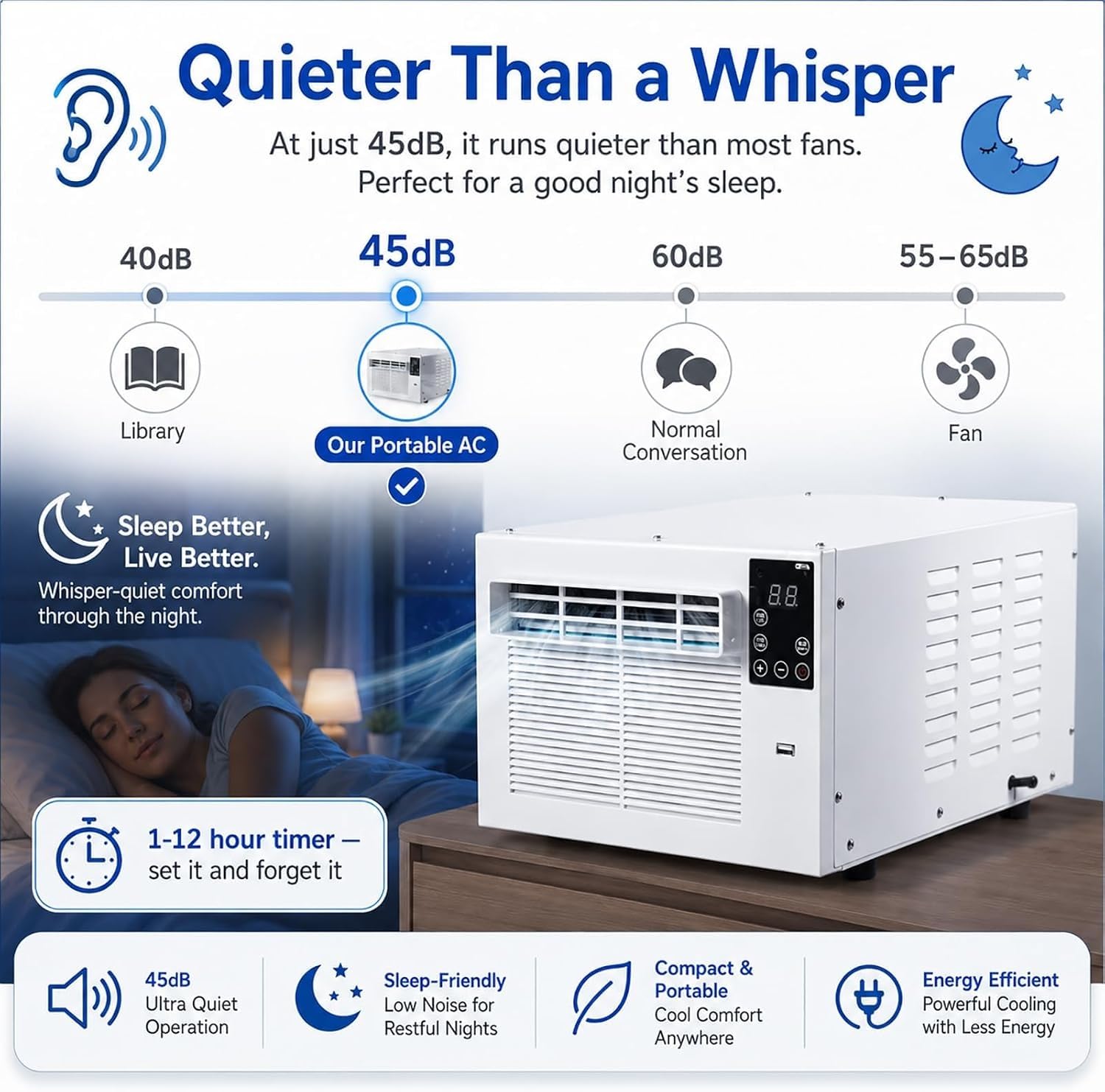 Condizionatore Portatile Da 280 W Con Raffreddamento E Deumidificazione, Timer 1-12 Ore, Telecomando, Funzionamento Silenzioso