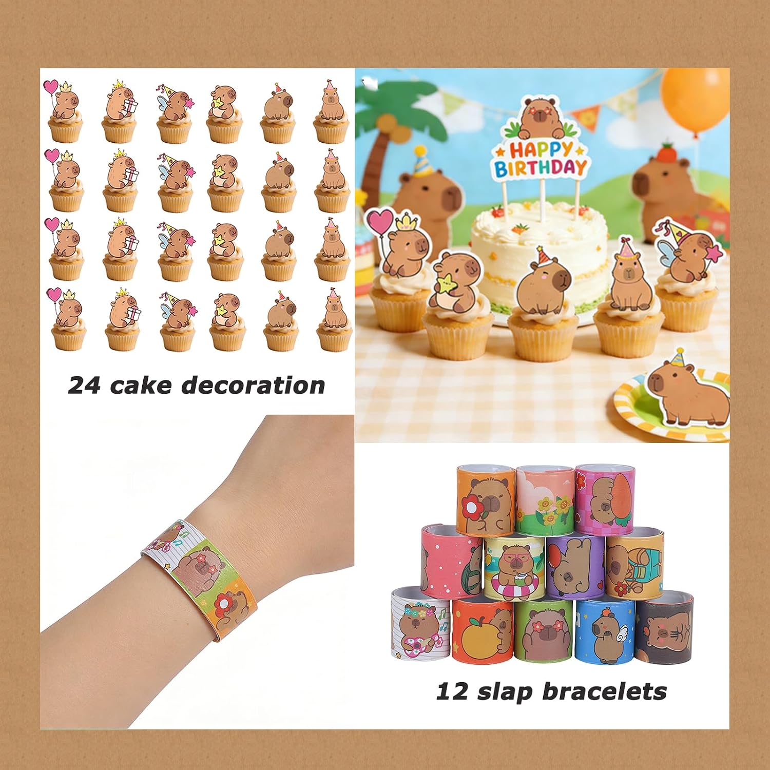 216 Pcs Capybara Party Favors Birthday Decorations Keychains Stickers Slap Bracelets Bulk Goodie Bag Stuffer and Gifts Bags for Capybara Party Decorations Supplies