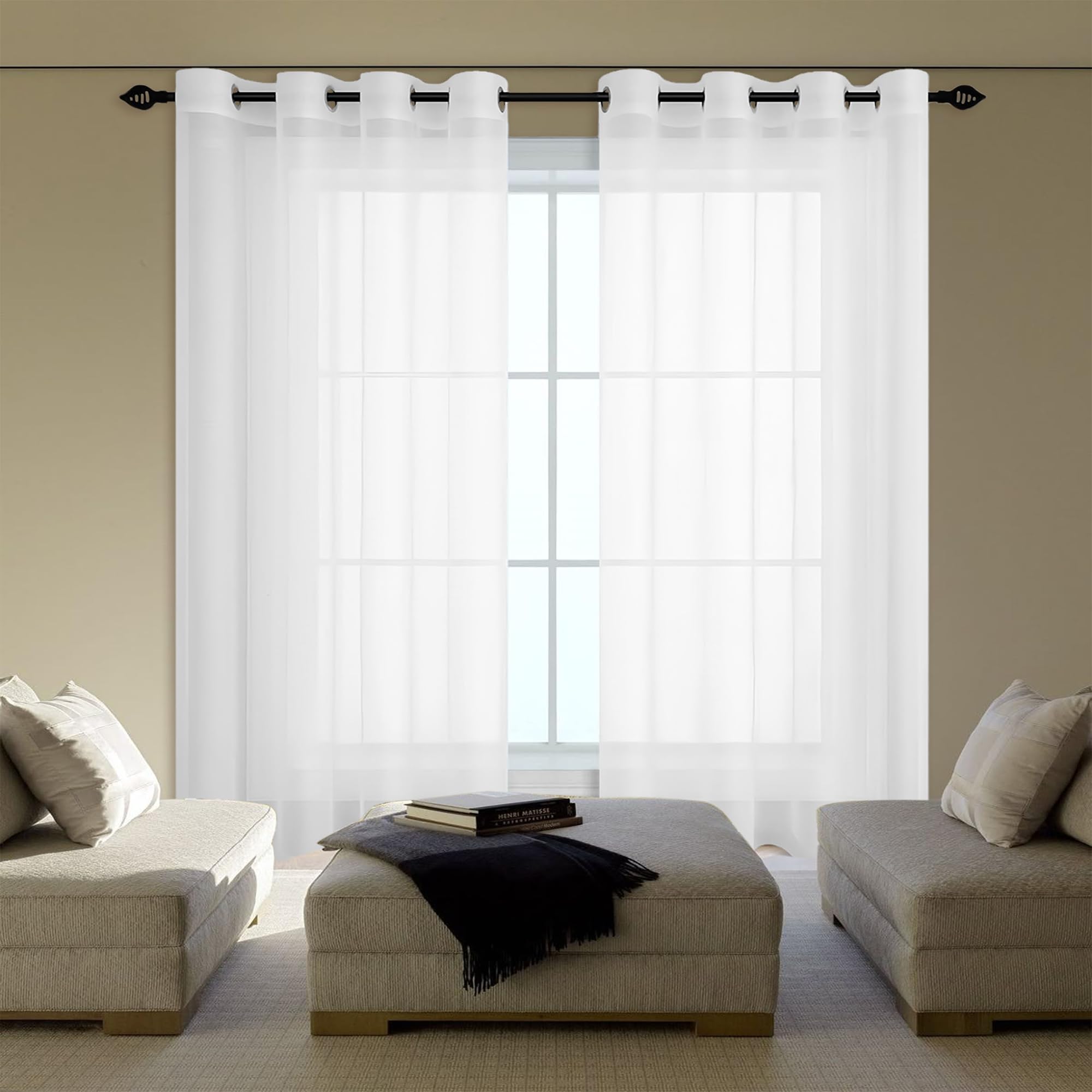 Rideau voile 410 x 250 cm blanc transparent avec oeillets pour grand salon