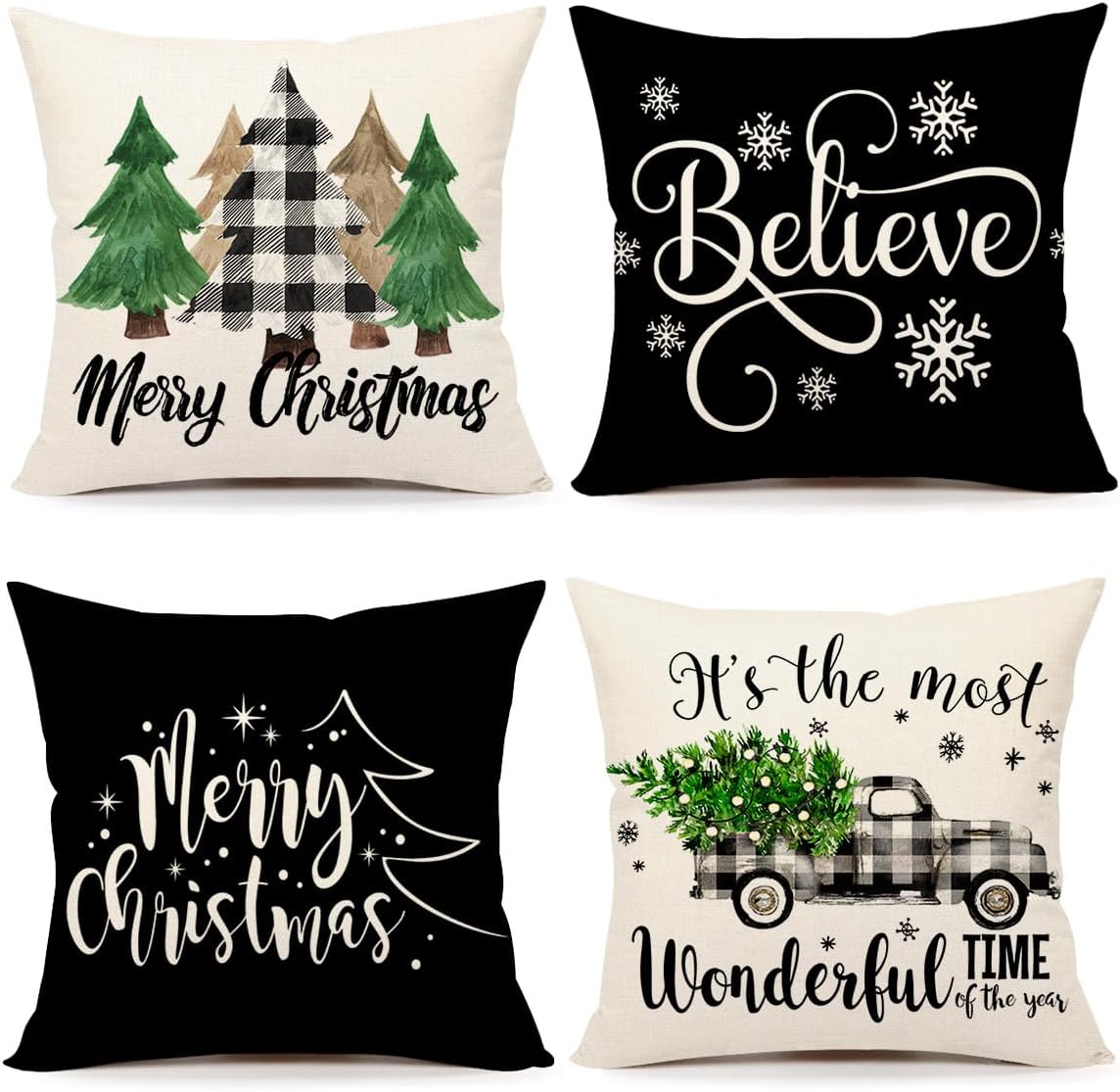 4TH Emotion Buffalo Check Christmas Pillow Covers 20x20 Set of 4 Red Black Farmhouse Christmas Decorations Winter Holiday Decor Throw Cushion Case for Home Couch S22C38-20