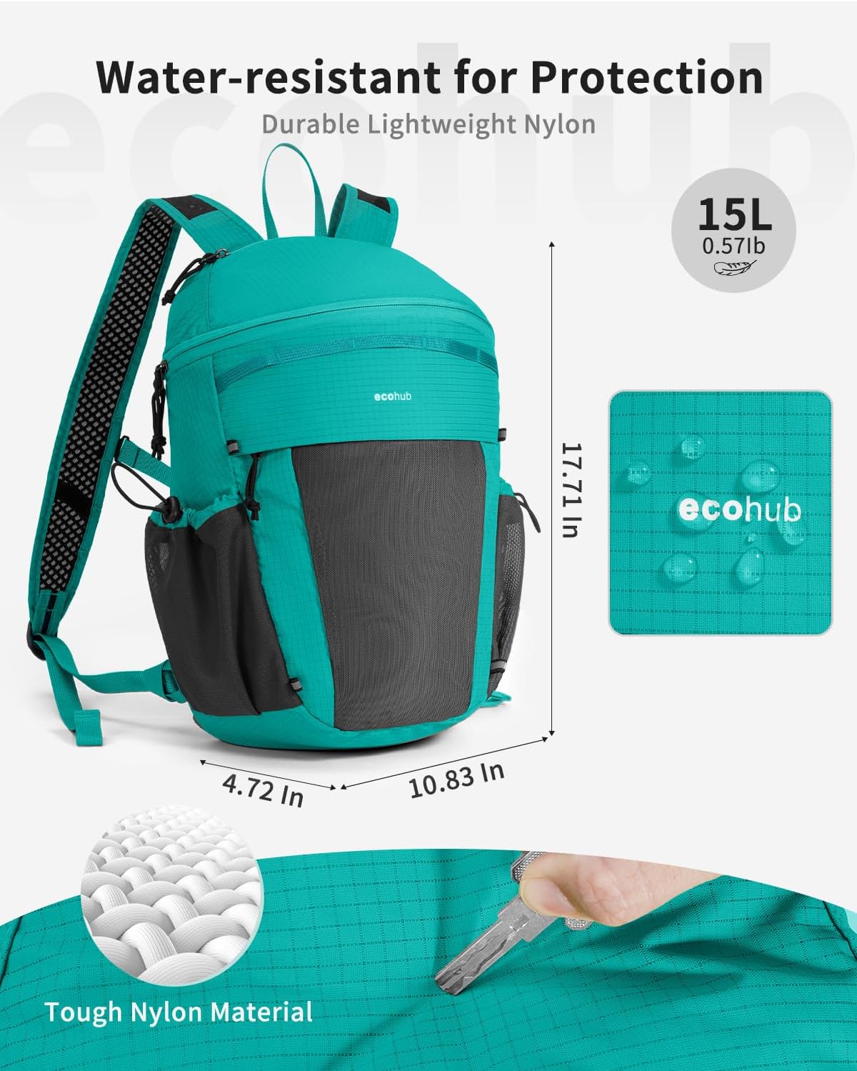 ECOHUB 15L Lightweight Casual Daypack, Packable Backpack for Daily Use, Hiking & Travel, Foldable Small Backpack with Stretch Mesh Pockets, Water-Resistant Nylon, Reflective Design