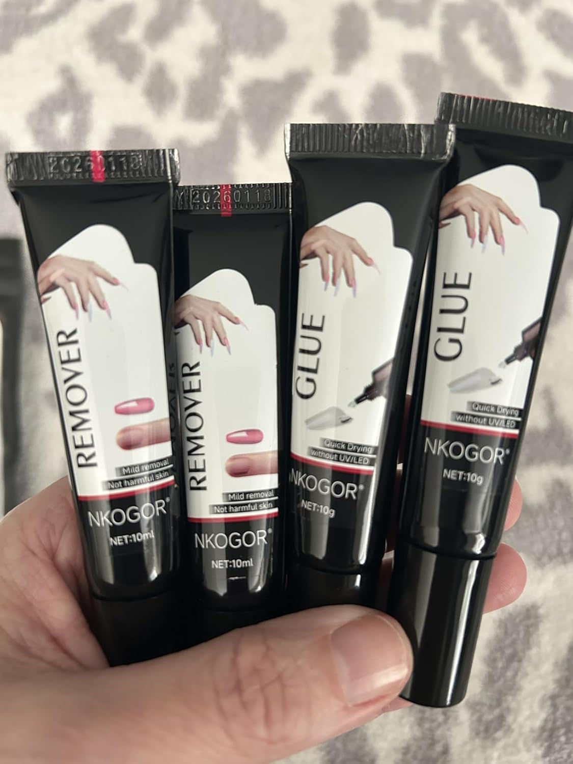 NKOGOR 2 Sets Quick Drying 10g Semi Solid Nail Glue with 10ml Remover for Press On Nails Tips No Need for UV Lamp Long Lasting Fake Acrylic Nails Glue Gel