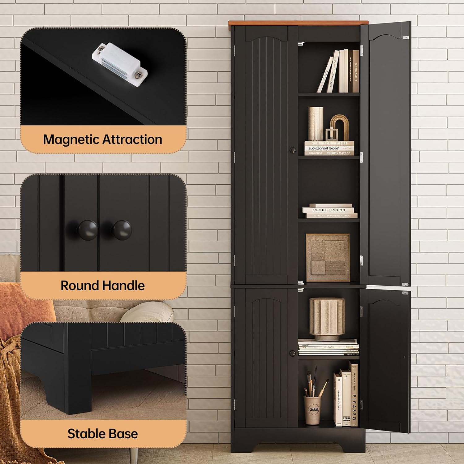 72.2'' Pantry - 4 Door Kitchen Cabinet with Adjustable Shelves,Black Freestanding Cupboard, Tall Storage Cabinets for Bathroom,Dining Room, Living Room, Laundry, Entryway