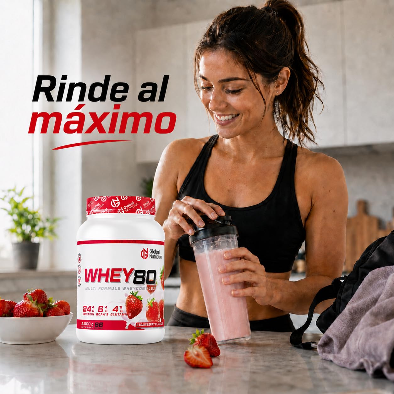 GlobalNutricion Whey 80 Białko w proszku serwatki 2 kg Truskawka | Naturalne BCAA, Niskotłuszczowe i cukrowe, przyczynia się do wzrostu masy mięśniowej, Poprawia Twoje treningi