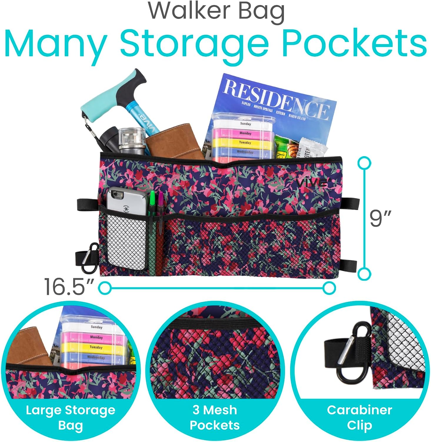 Vive Walker Bag - Accessories Wheelchair Basket Pouch (Water Resistant) - Seniors Caddy Accessory Attachment for Folding, Rolling Walkers - Carry Storage Carrier Tote - Lightweight, Universal Size - Image 2