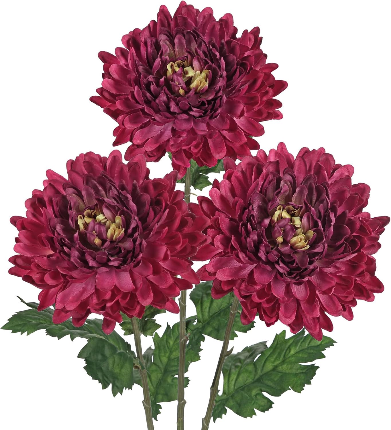 Hollyone 3Pcs Fake Mums Flowers Red Artificial Chrysanthemum Flowers Silk 30" Long Stem Floral Arrangements Bouquets Faux Spider Mum Flower Pincushion Flower Bush Spring Home Decor