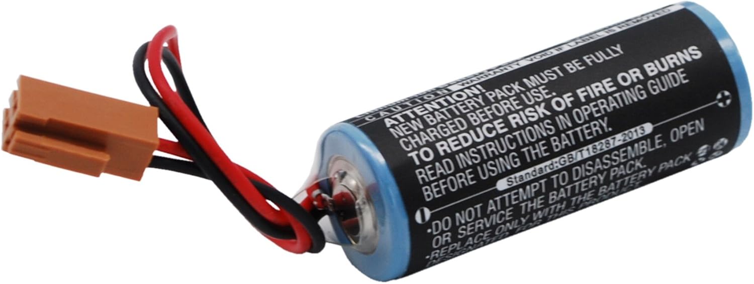 Bottom-up angled view of the replacement battery pack with safety warnings