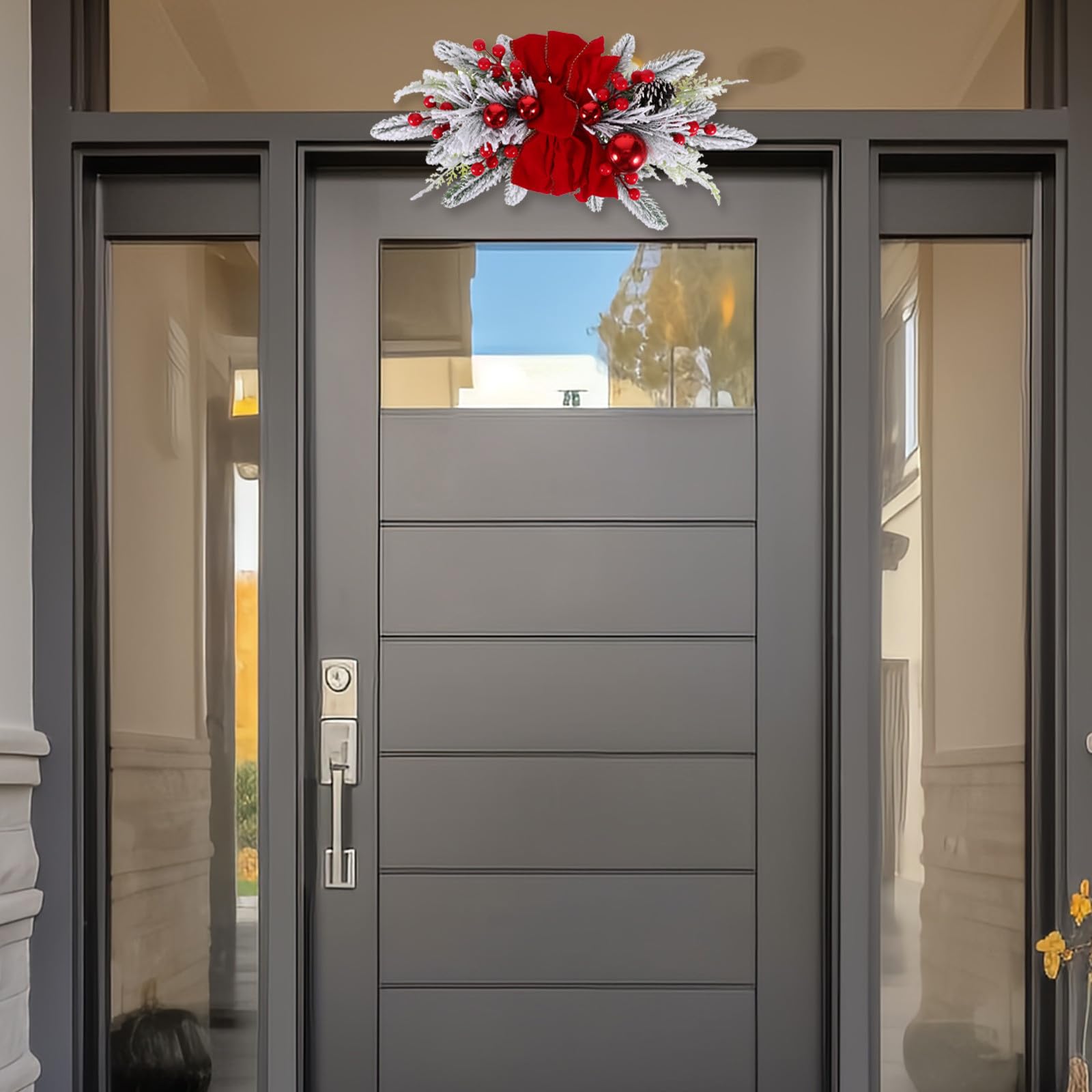 VOSAREA Couronne Lumineuse de Noël Rouge 45x20 Cm en Plastique et Tissu, à Suspendre Décorative Lumineuse pour Porte D'entrée, Style Nordique Délicat