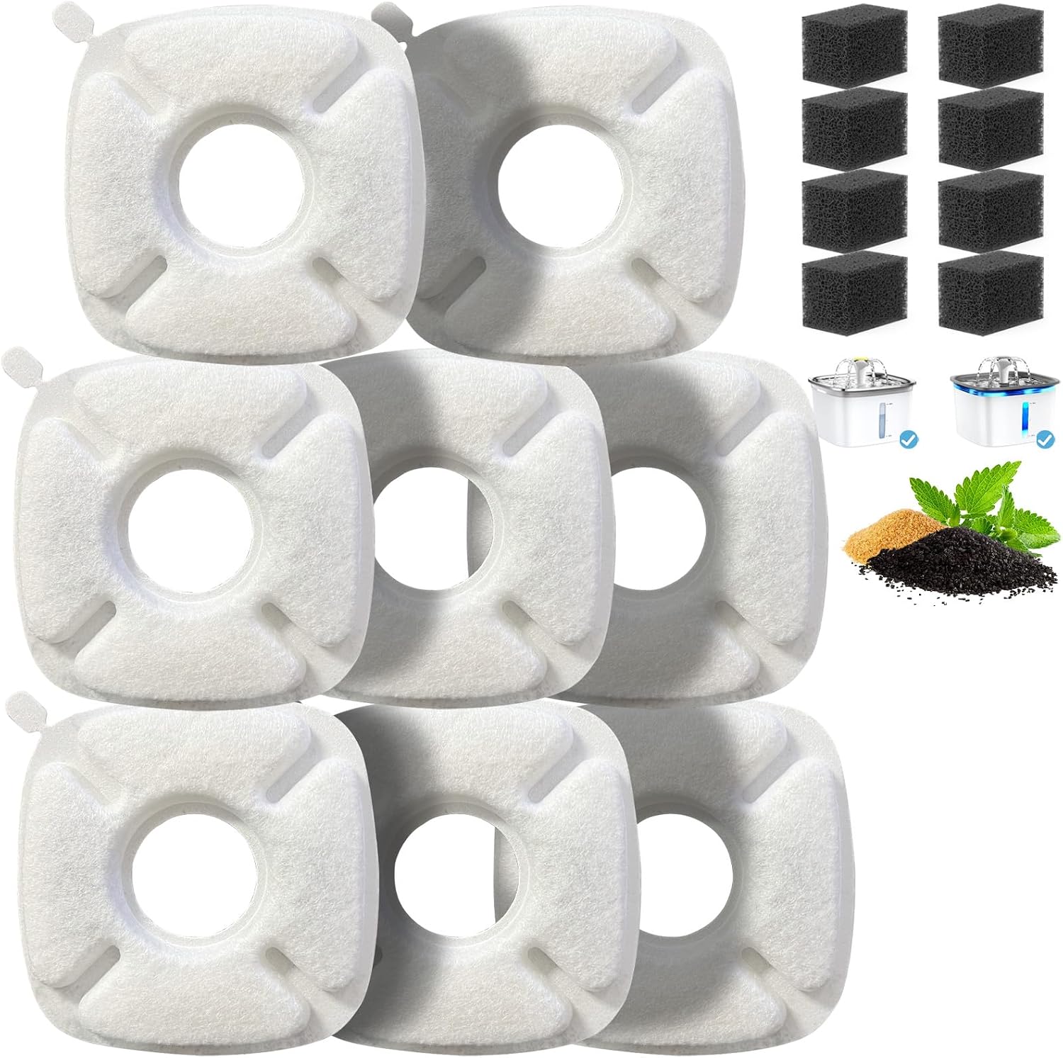 8 Pack Cat Water Fountain Filter Compatible with 67/95/135/85oz Automatic Pet Dispenser, Triple Filtration Dog Fountain Filter (8 Carbon Filters+8 Sponge Filters)