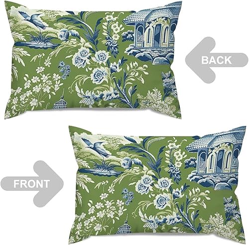 Miniatura 4 de ArogGeld Pagoda Garden - Fundas de cojín lumbares de color verde imperial, diseño de flores, pájaros, animales, funda de almohada estilo chinoiserie