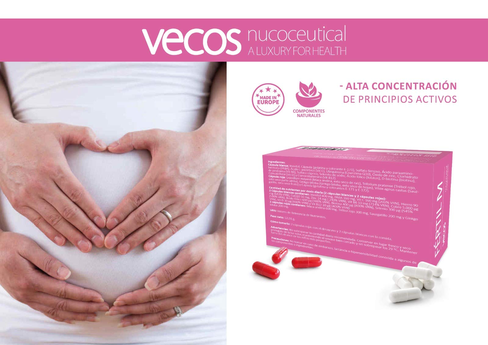 Fértil M Vecos para Ayudar a la Fertilidad de la Mujer | Suplemento Vitamínico con Inositol, Vitamina C y Ácido Fólico | Ayuda a la Concepción, Embarazo y Regular Actividad Hormonal
