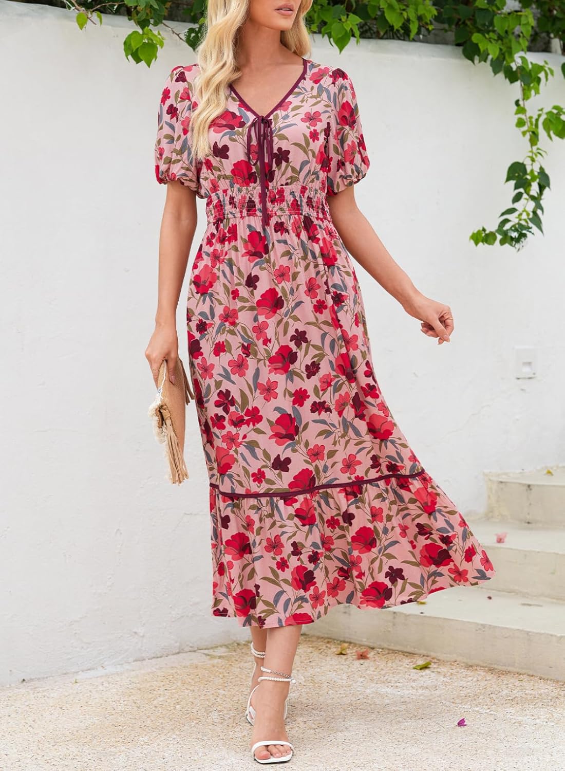 Dokotoo Womens Tie Front V-Neck Empire Waist Dress Summer Short Sleeve Smocked Wedding Guest Dress Floral Maxi Dresses - Image 5