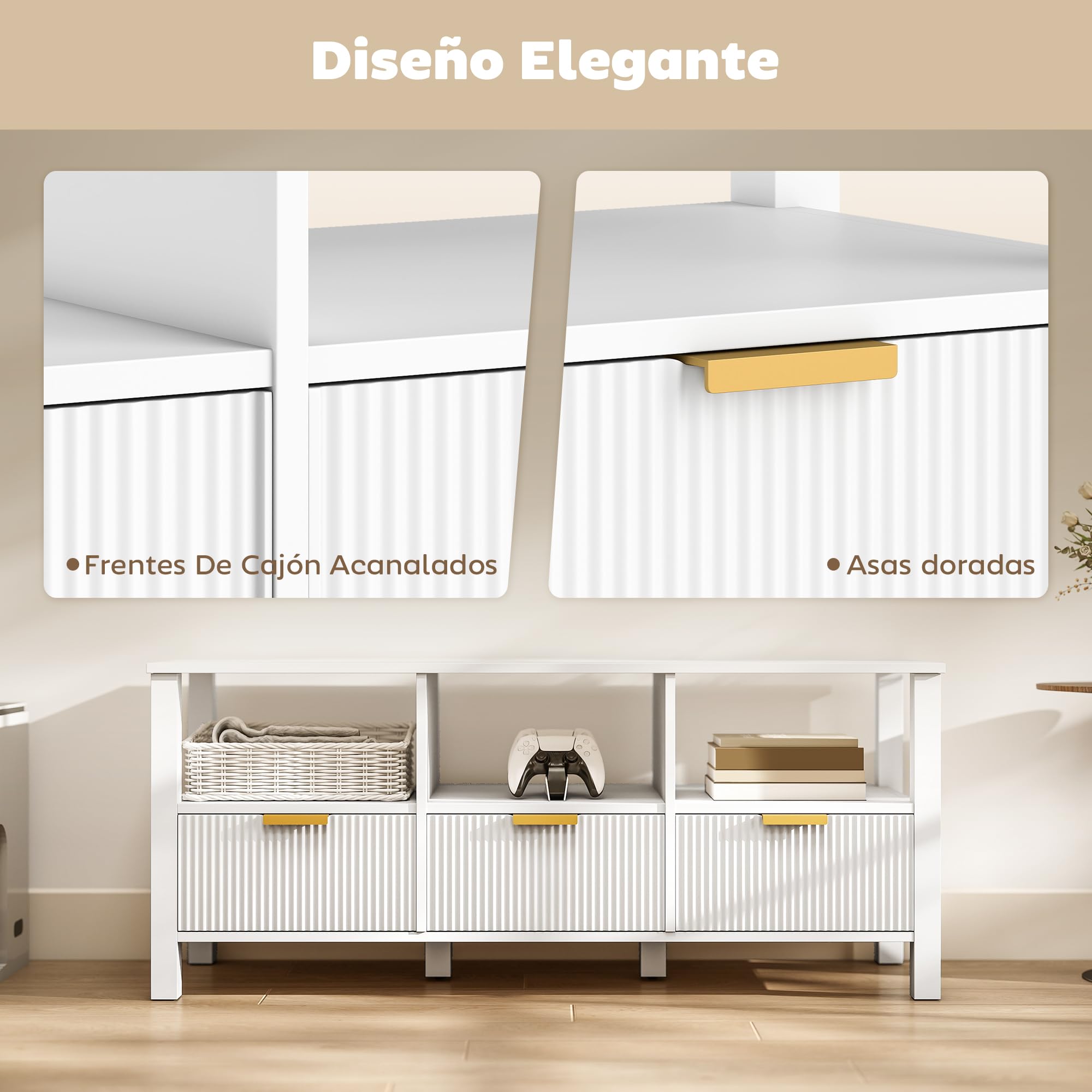 HOMCOM Mueble de TV Moderno para Salón, Mesa TV con 3 Cajones y 3 Estantes Abiertos, para Televisión de 43-55 Pulgadas, 120x39,5x50 cm, Blanco