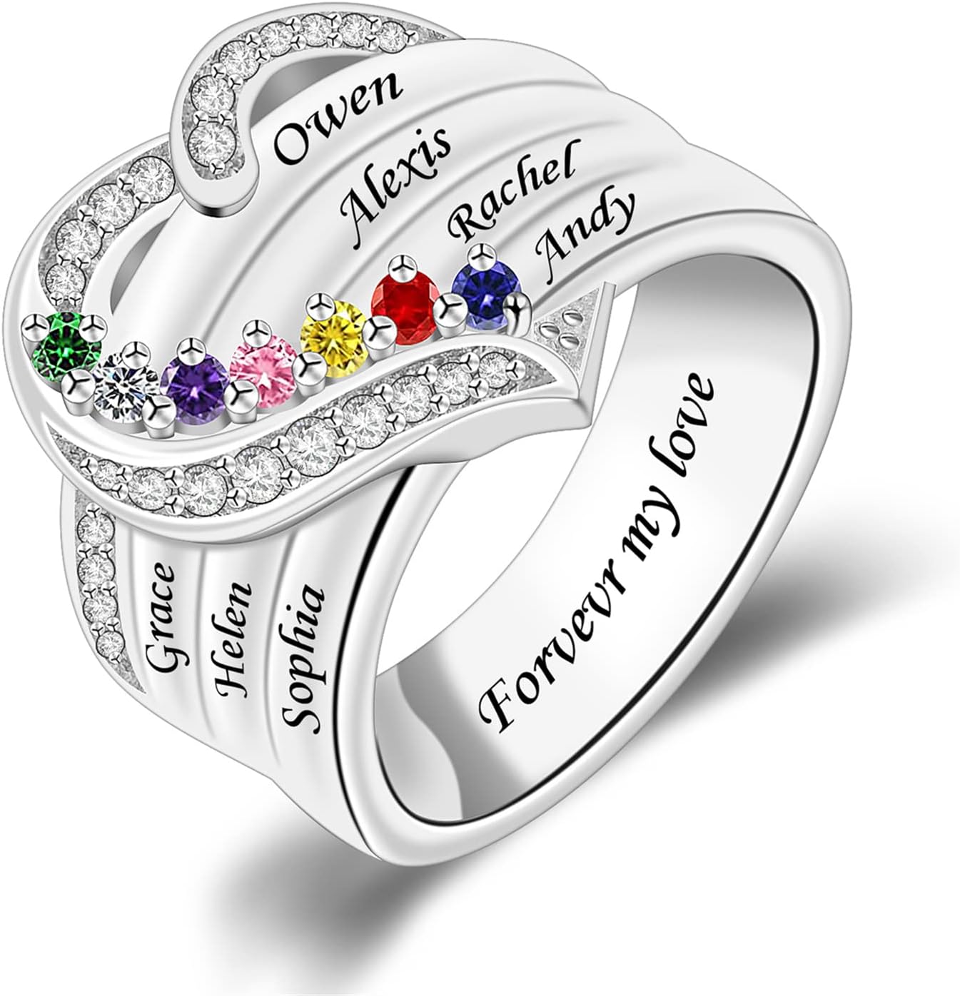 Personalized 925 Sterling Silver Mothers Ring with 1-8 Birthstone Custom Engraved Name Ring Family Birthstone Ring for Women Mom Grandma Daughter (7 stones)