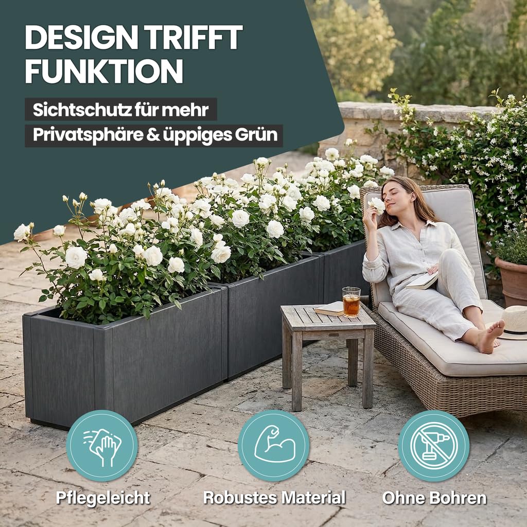 Kreher® XL Pflanzkasten Blumenkasten Anthrazit - 80 x 36 x 36 cm - Kunststoff, frostsicher & wetterfest - Struktur-Design für Garten, Terrasse & Balkon (3)