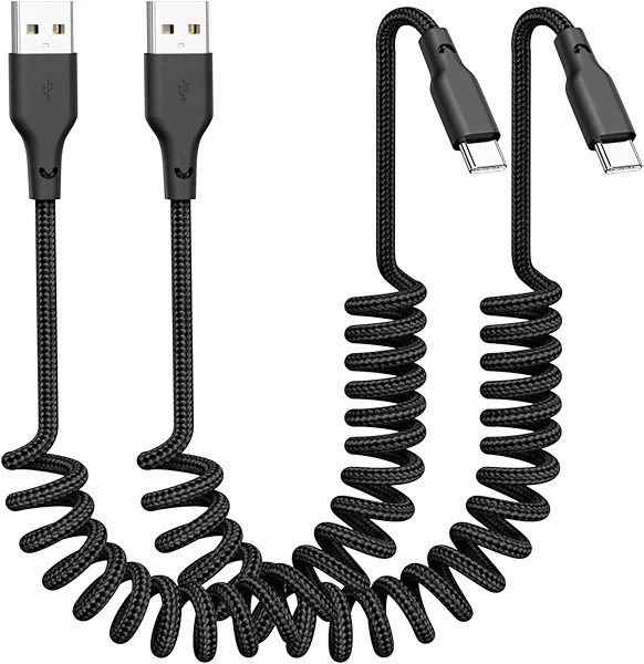 Quickeep Car Carplay Cable 2Pack 3ft Coiled USB A to USB C Fast Charge Cord for iPhone 16/15/Plus/Pro Max/MacBook Pro, Auto Coiled Retractable iPhone Car Cord