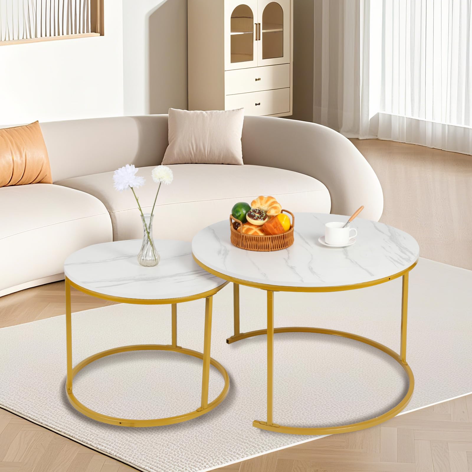 OHMG Set de 2 Tables Gigognes Rondes,Tables Basses,70/50cm,Table d'appoint Ronde,Design Moderne,Table de Salon en marbre,avec Pied en Acier (Blanc+or-70 * 70 * 45cm)