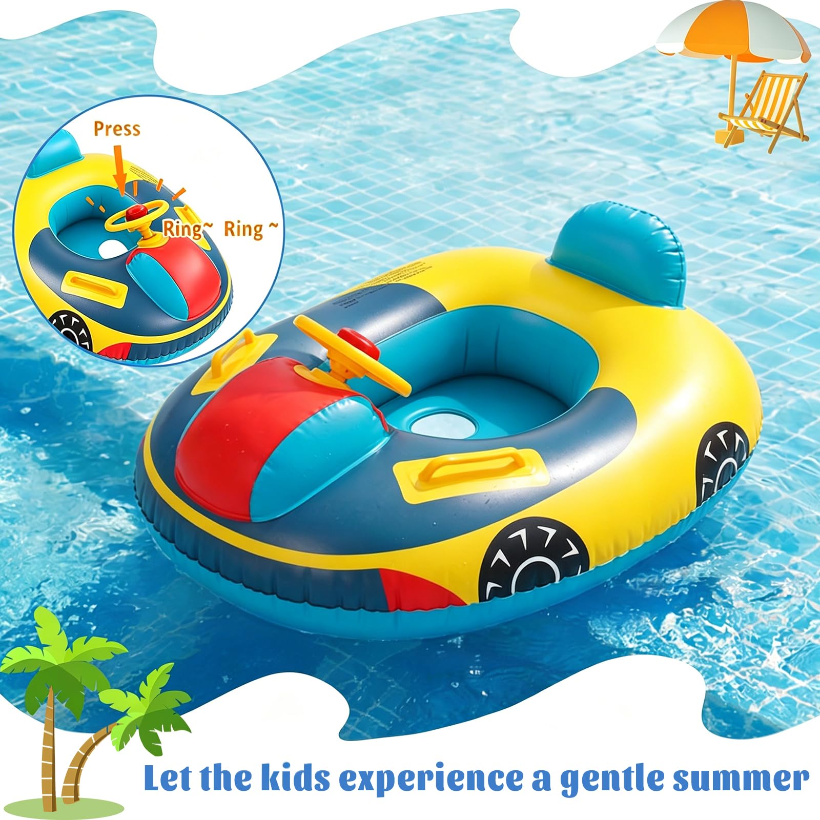 XIMEI Salvagente Neonato Bambini con Parasole, Ciambella Neonato, Salvagente Gonfiabile per Bambini, Gonfiabili con Sedile, Piscinetta Gonfiabile Bambini Volante con Clacson 12 a 48 Mesi (A)