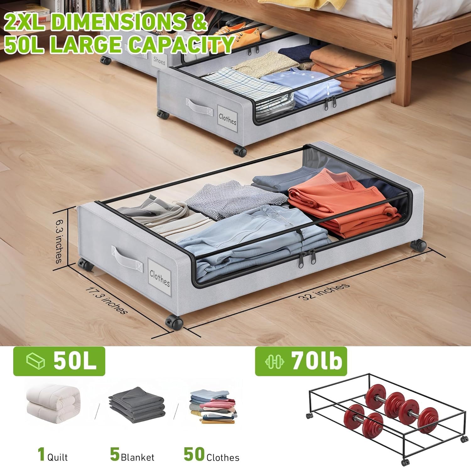 SPEEDEVE 2 Pack Under Bed Storage with Wheels Under Bed Storage Containers with Clear PVC Lid Rolling Organizer Bins for Clothes,Shoes,Toys,Books,Blankets,Grey,2-Pack - Image 2