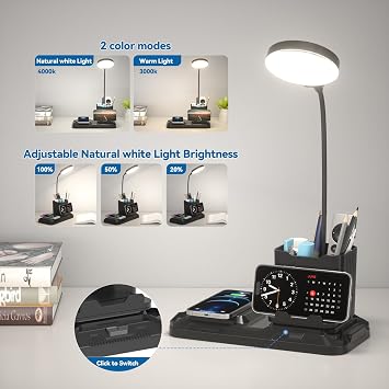 KDD 4 in 1 Desk Lamp with Wireless Charger - 360 Rotating Gooseneck Small Table Lamp with Pen Holder & Phone Stand, Adjustable White and Warm Light Dual Mode LED Desk Light for College Dorm Room