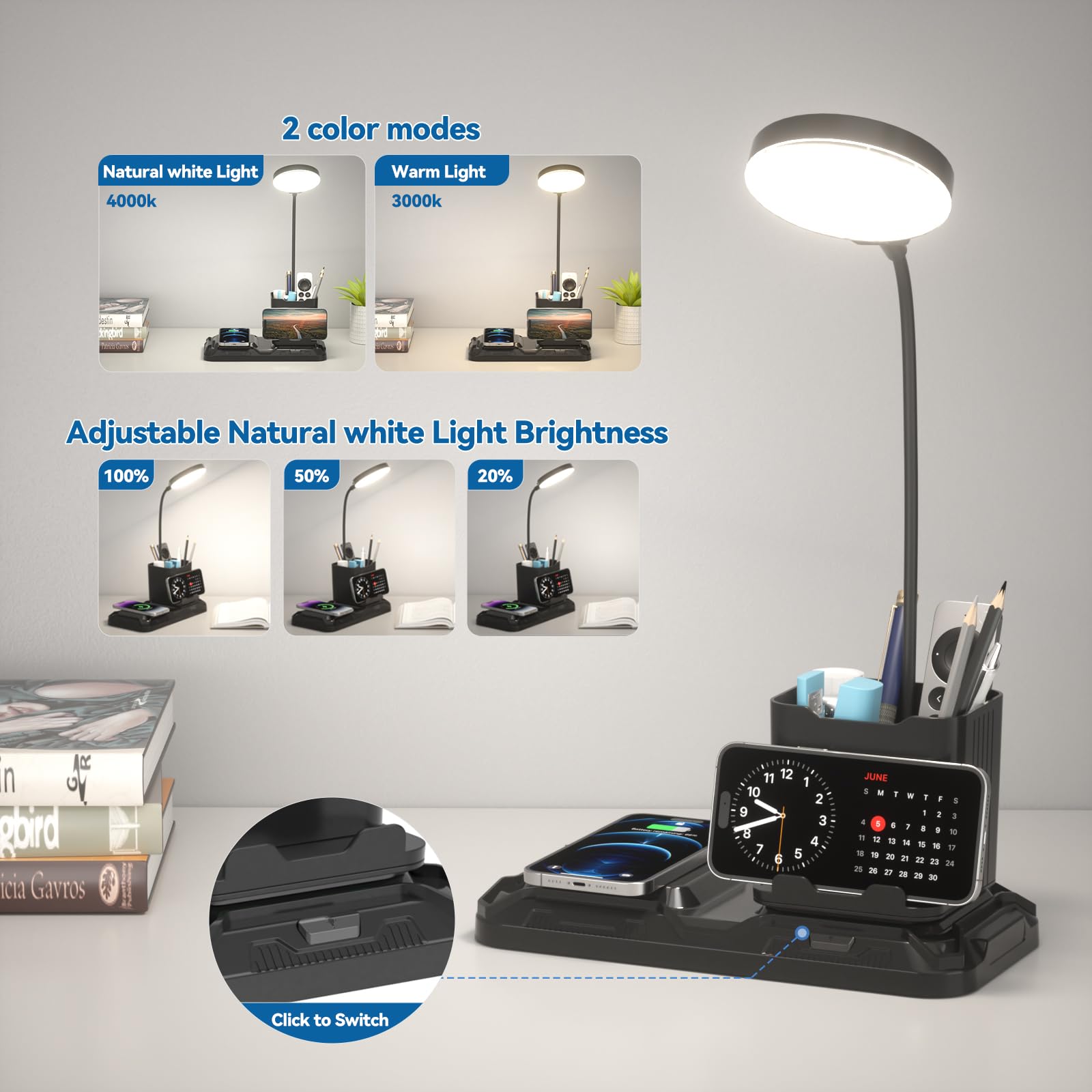 KDD Lampara Escritorio con Carga Inalámbrica, 4 en 1 Flexo LED Escritorio con 2 Modos 3 Niveles de Brillo Regulable, Plegable Lampara de Mesa con Cuello Cisne 360° para Cama Oficina Estudiar Luz Noche