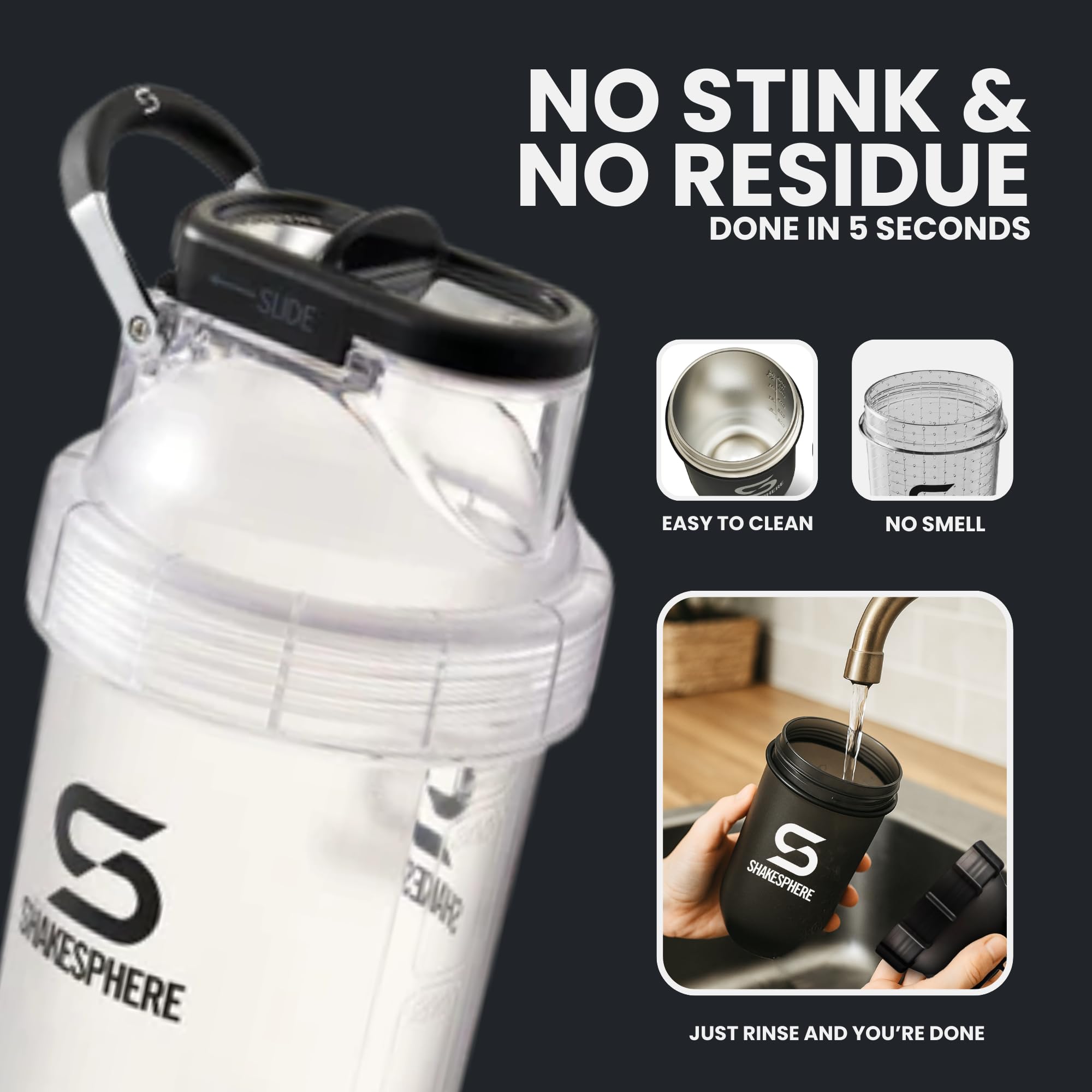 SHAKESPHERE Gobelet shaker de protéines en Tritan et tasse à smoothie, 710 ml, mélangeur sans pale, purées de fruits crus sans boule mélangeuse, mélangeur à poudre pour salle de sport pré-entraînement