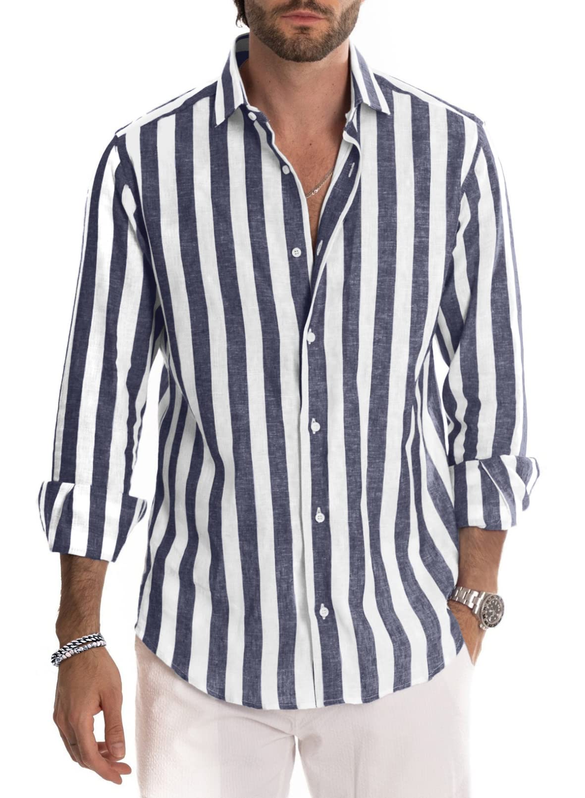 Meilicloth Camicia Uomo a Righe Cotone Manica Lunga Casual Lino Trama Western Regular Fit