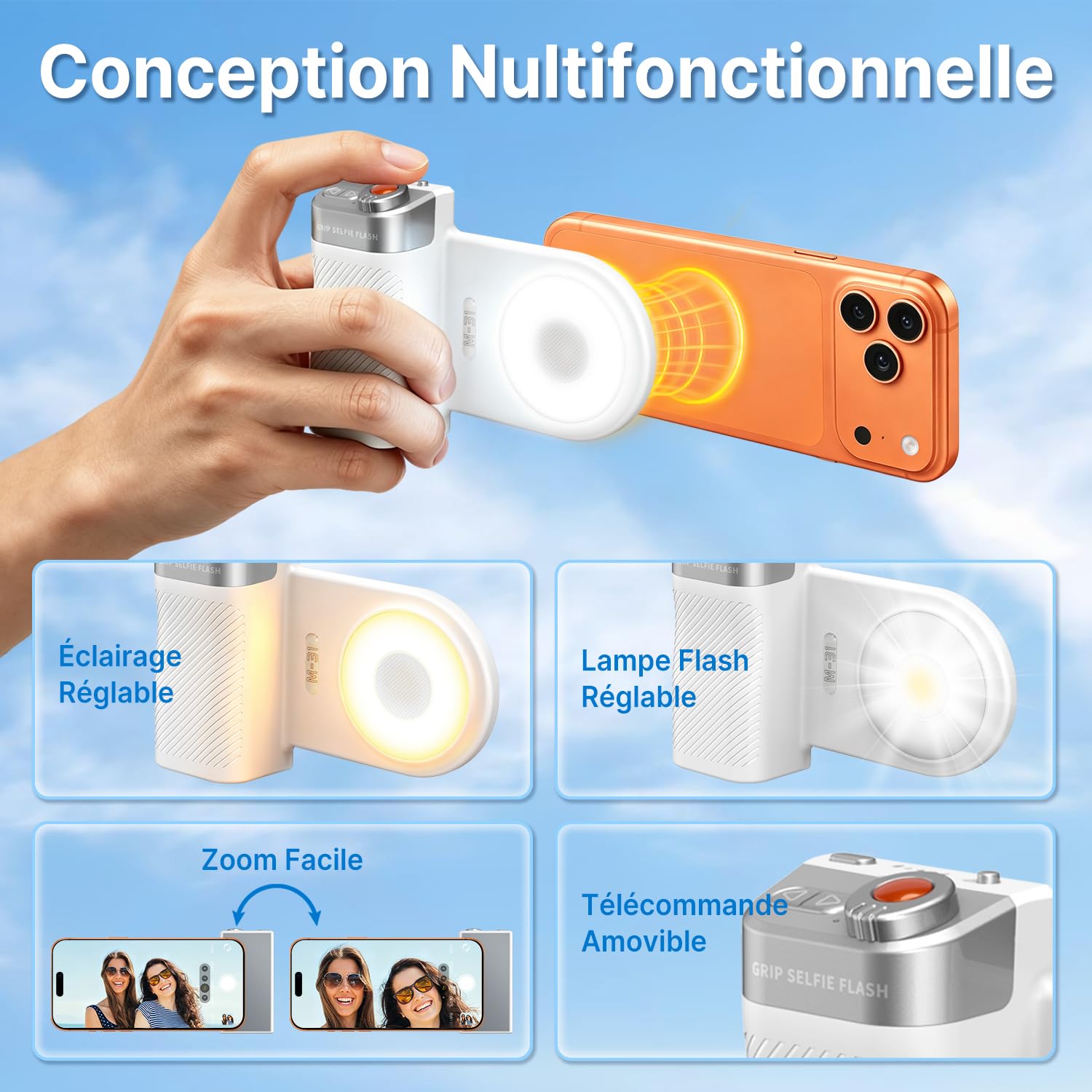 yAyusi Poignée à Selfie avec Fash,Poignée Magnétique pour Appareil Photo de Téléphone,avec Télécommande Détachable,Lumière Selfie Magnétique LED Réglable,Adaptée aux Selfies/TikTok/Créateurs