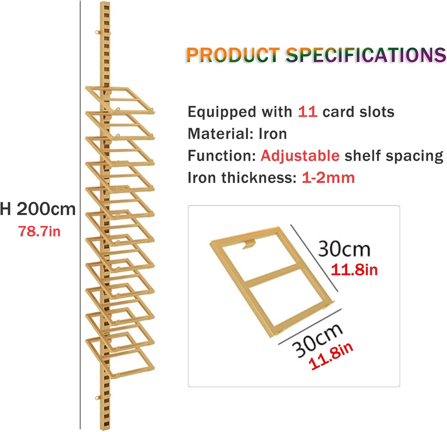 11-Layer Wall-Mounted Tile Display Rack - Metal Storage Shelf for Marble & Porcelain Samples, 78.7IN Gold Showcase for Building Materials & Retail Floor Stand