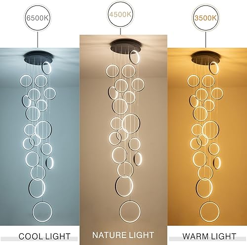 Miniatura 3 de Candelabro grande para techos altos y escaleras largas, lámpara de vestíbulo de 18 anillos con control remoto regulable y altura ajustable