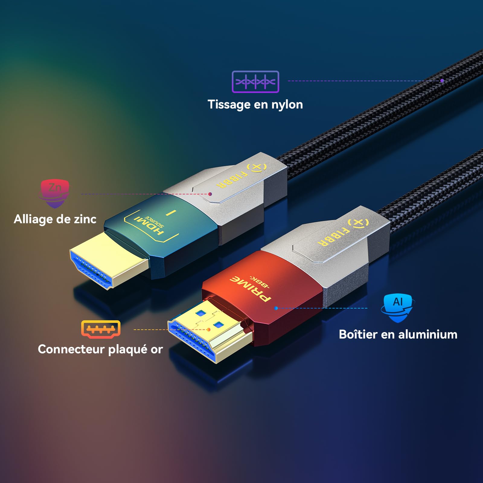 FIBBR Câble HDMI 2.1 Optique 10M, 8K HDMI 2.1 Câble Optique, 48Gbps Haute Vitesse 8K@60Hz, 4K@120Hz/144hz, HDR10 +, eARC, HDCP 2.2 & 2.3 Home Cinéma, HDTV, Projecteur