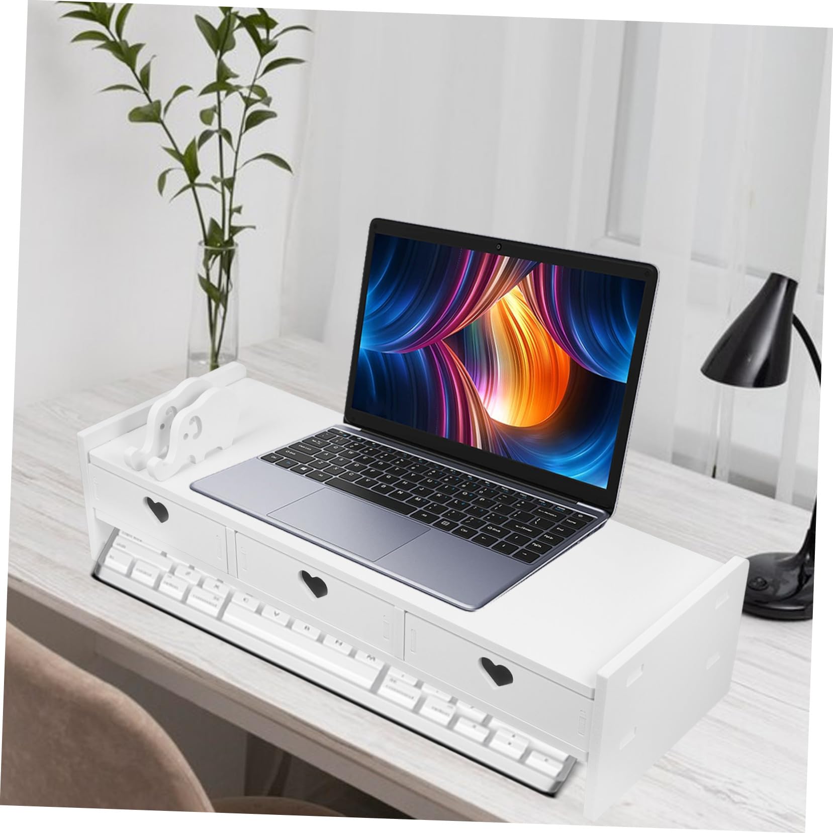 Biurko Organizacyjne Podstawka Pod Monitor z Szufladami Do Przechowywania Klawiatury i Akcesoriów Podwyższana Stojak Laptopa Minimalistyczny Biały Organizer Biurko Do
