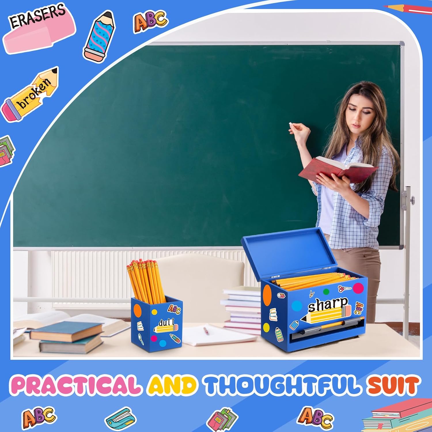 Mifoci 8 Pcs Wooden Pencil Dispenser Kit for Classroom Wooden Pen Holder Straw Dispenser Sharp and Dull Letter Stickers for Teachers Classroom Supplies Storage (Royal Blue)