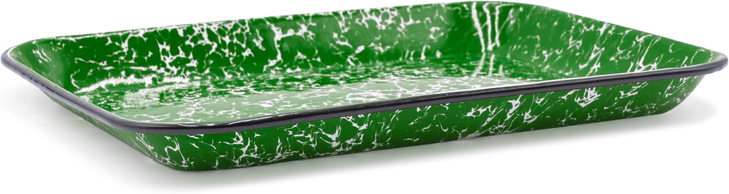 Red Co. 13.5” x 10” Enamelware Metal Classic 1.6-Quart Rectangular Serving Tray, Dark Green Marble/Black Rim – Splatter Design