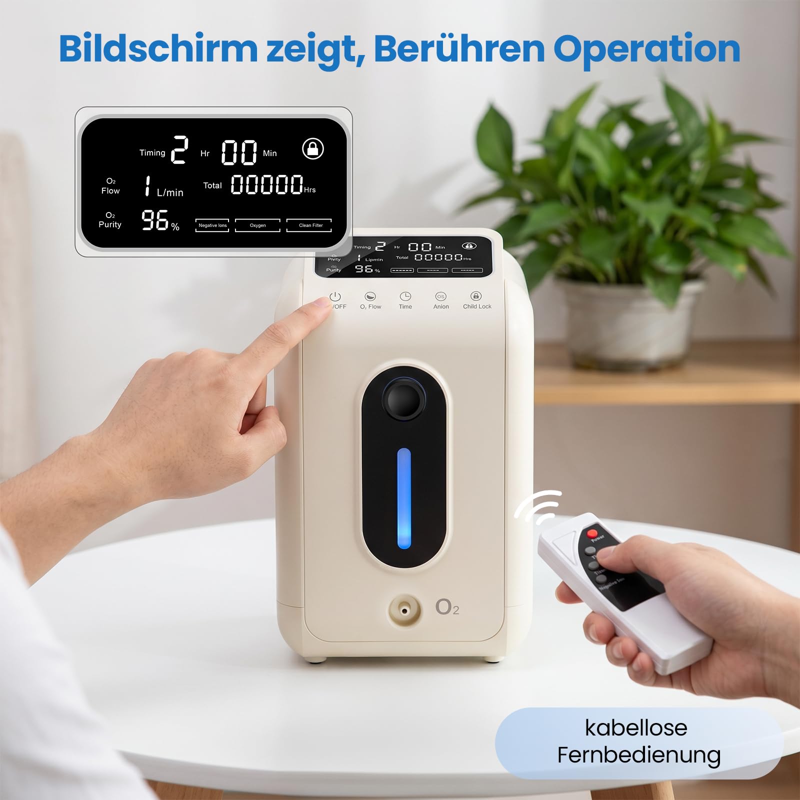 Sauerstoffgerät für Zuhause - Tragbarer Sauerstoffkonzentrator, Entspannung, Meditation, 1-9L/min Durchfluss, 96% Konzentration, Fernbedienung, Kindersicherung, Heimsauerstoffgerät für Wohlbefinden