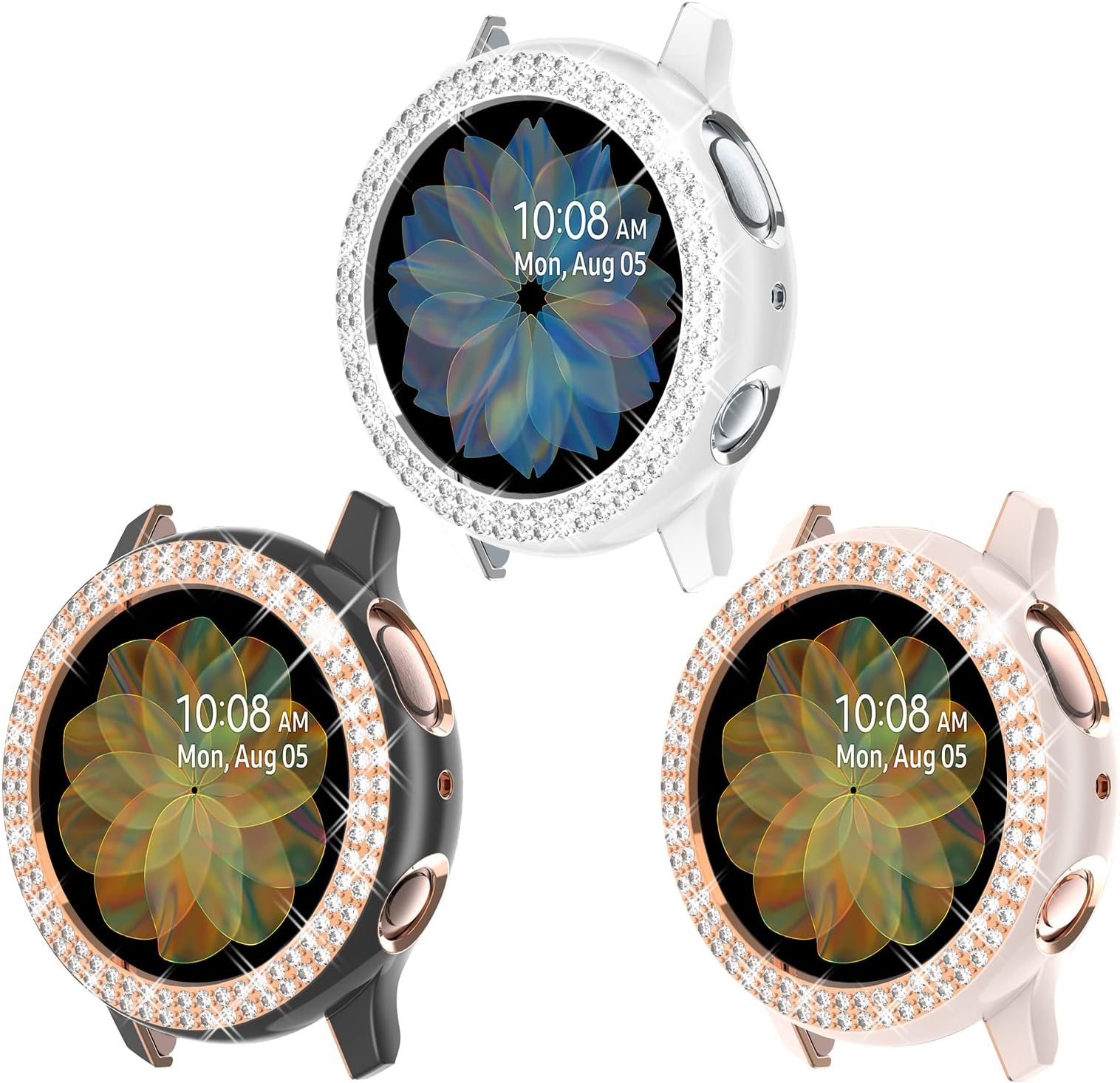 Surace Compatible with Galaxy Watch Active 2 Case 40mm, Bling Crystal Diamond Protective Cover Compatible for Samsung Galaxy Watch Active 2, 3 Packs, Black/Rose Gold, Pink/Rose Gold, White/Silver