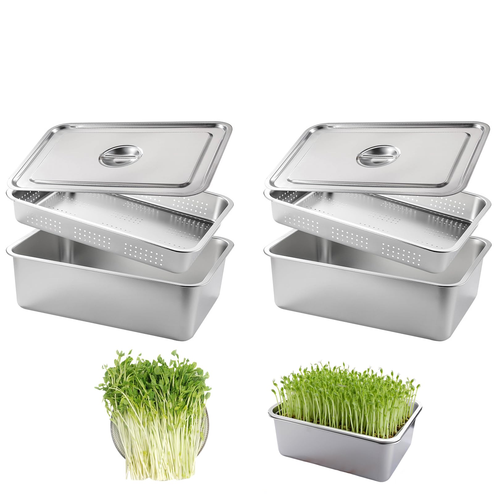 Kit de Germination 2 Pièces en Acier Inoxydable, Plaques de Germination 32x22cm avec Tamis Fin – Bacs de Culture pour Microgreens, Germoir Sans Terre pour Cresson, Luzerne, Haricots – Lave-vaisselle