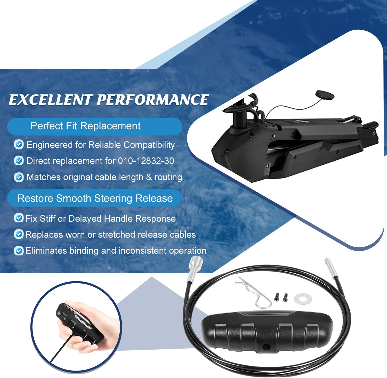 010-12832-30 Pull Handle & Cable Replacement for Garmin Force Trolling Motor Bow Mount – Steering Release Handle Assembly