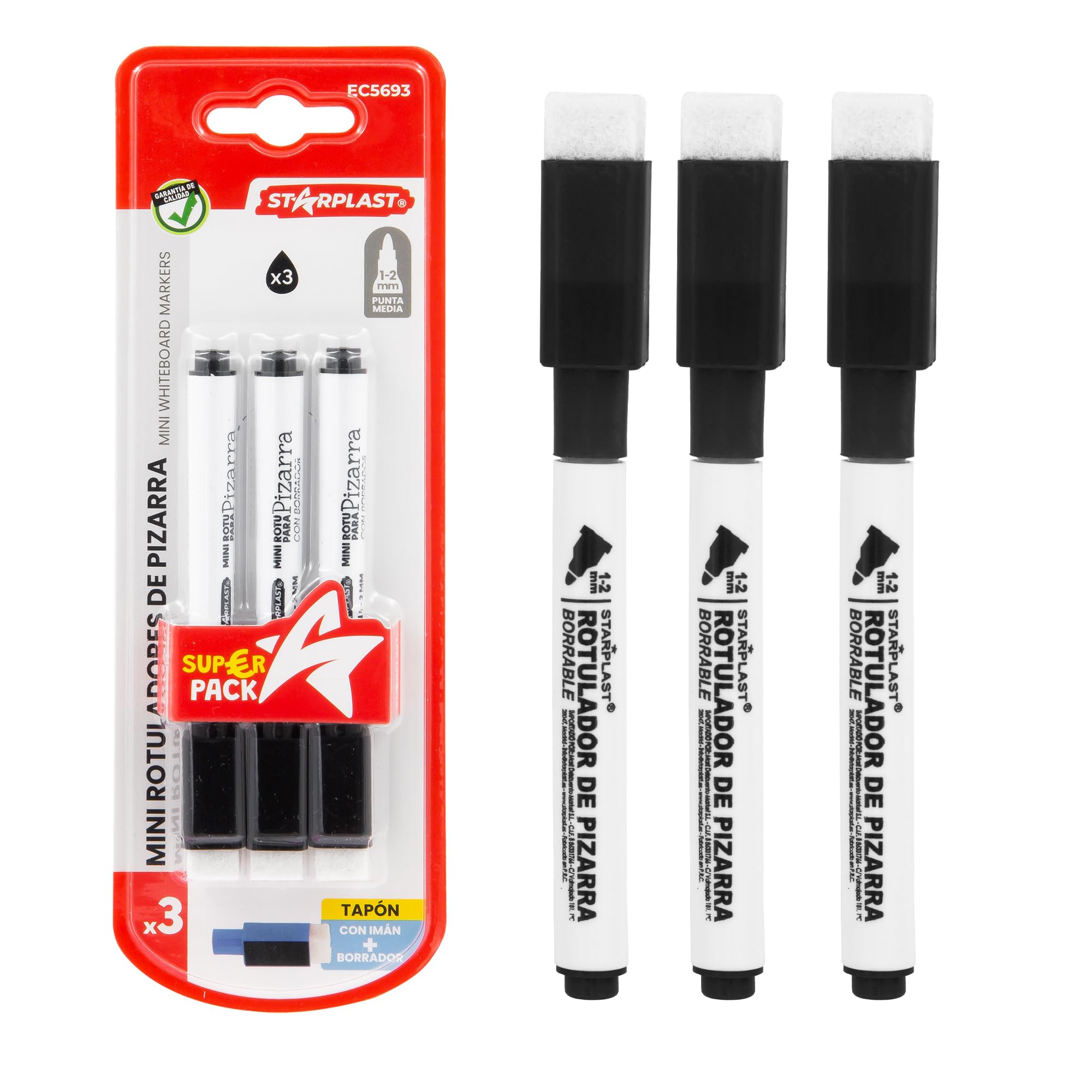 Starplast PACK 3 ROTULADORES PARA PIZARRA BLANCA Rotulador punta redonda 2.0mm con borrador e imán 3 Negro