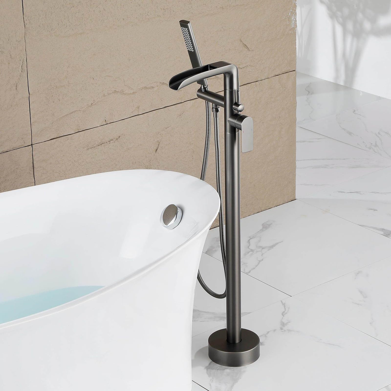 Grifo Mezclador de Bañera Y Ducha Independiente Grifo de Bañera de Pie con Agua Fría Y Caliente Tipo Cascada Y Ducha de Mano de Latón Monomando Gris