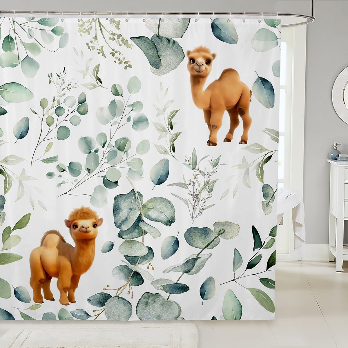 Kawaii Rhino Waterproof Bathroom Curtain for Boys Girls Cartoon Animal Bath Curtain, Eucalyptus Leaves Shower Curtain Jungle Wildlife Bathroom Curtains, Tropical Botanical Plants Shower Set