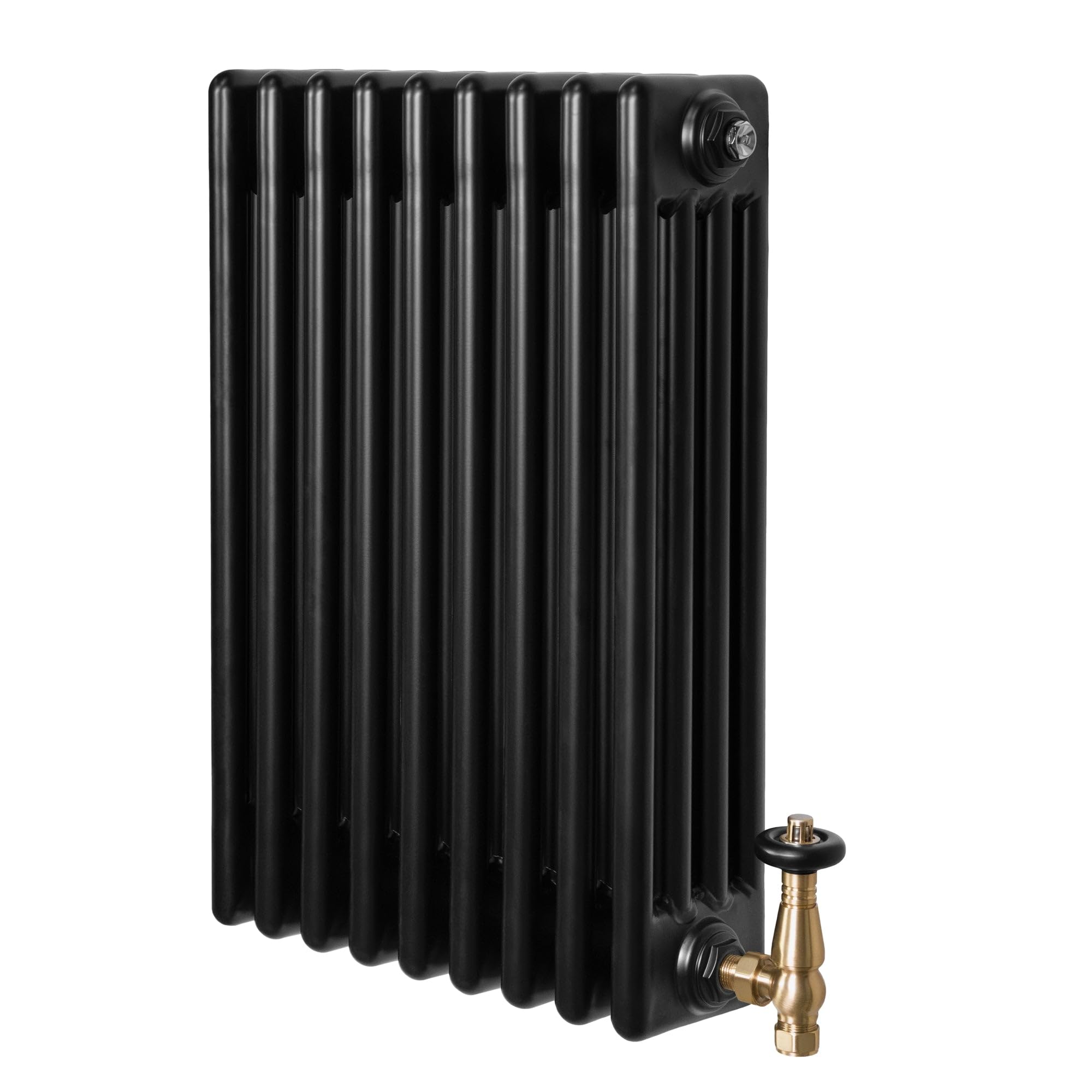 Traditional 4 Column Radiator 600mm x 425mm & TRV Brass Valves Central Heating Heater Black Carbon Steel Horizontal Wall Mounted Kitchen Living Room Cleaning Brush Fixing Kit & Brackets