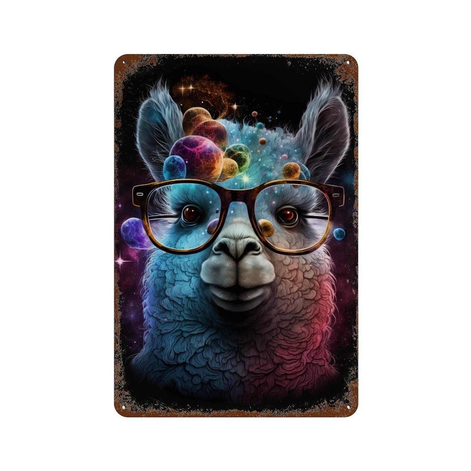 Cosmic Llama Glasses Art Print-1 Decorative Tin Sign 11.8"x7.9", Vintage Wall Decor for Garage, Pub Or Kitchen