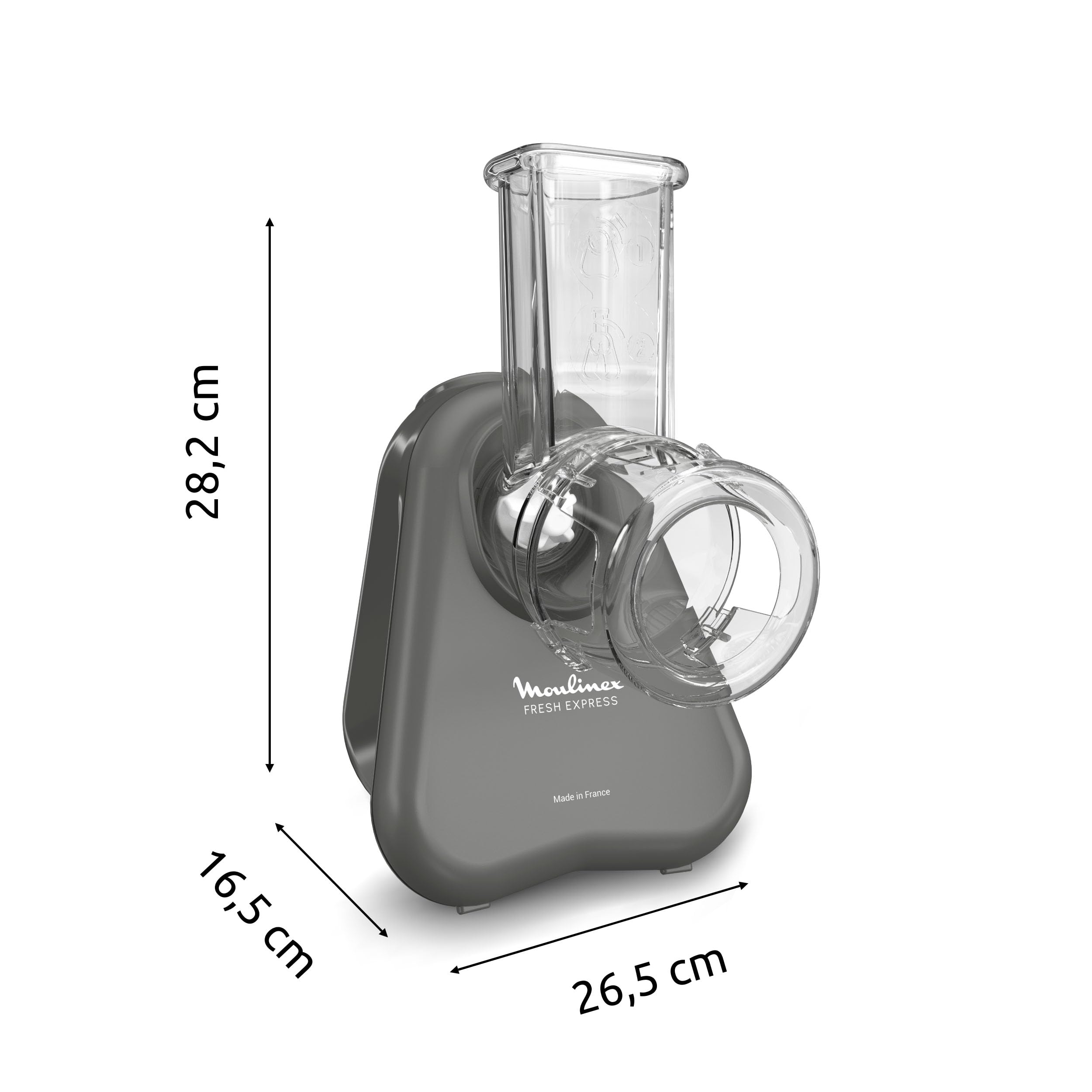 Moulinex Fresh Express Elektrische Gemüsereibe, Direktserviersystem, 5-in-1, zerkleinern-schneiden-reiben-wellenförmig-schneiden, Kabel-Verstausystem, Zubehör spülmaschinenfest, Grau, DK855HE0