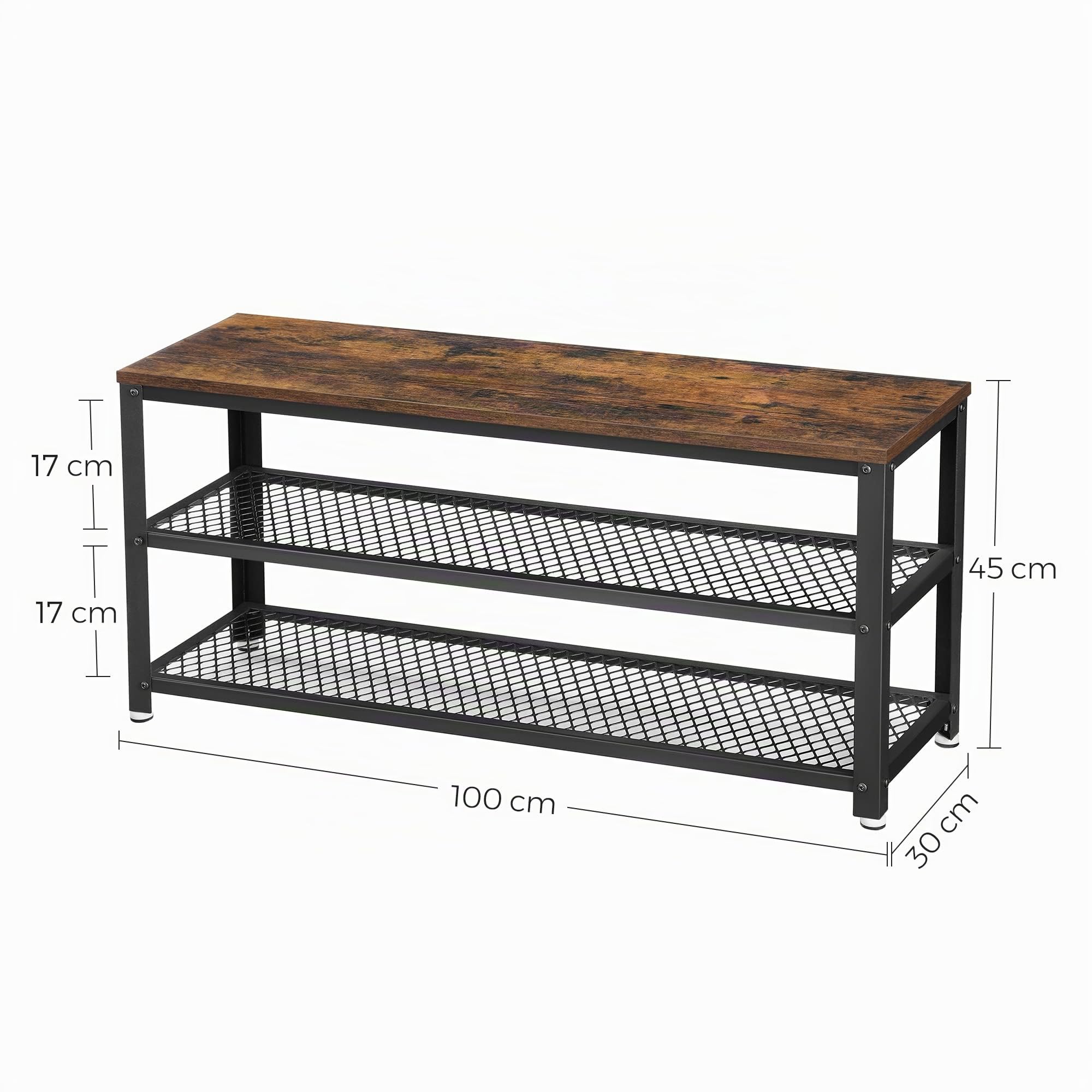 VASAGLE Banco Zapatero, Zapatero con Banco, Banco para Zapatos, Organizador con 2 Estantes, 30 x 100 x 45 cm, para Pasillo, Sala de Estar, Acero, Estilo Industrial, MarrÓn RÚstico y Negro LBS078B01
