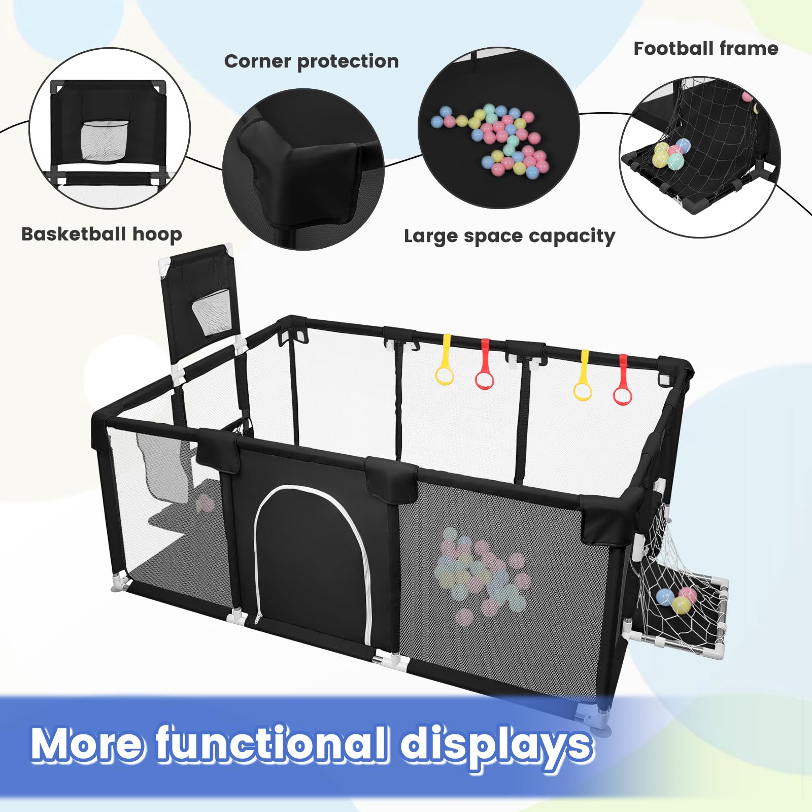 Parque Infantil Bebé, Alfombra de Juegos, Plegable, Malla Transpirable, Corralito Bebé, Con Malla Transpirable Baby Playpen,180 * 120 * 66 cm - Negro