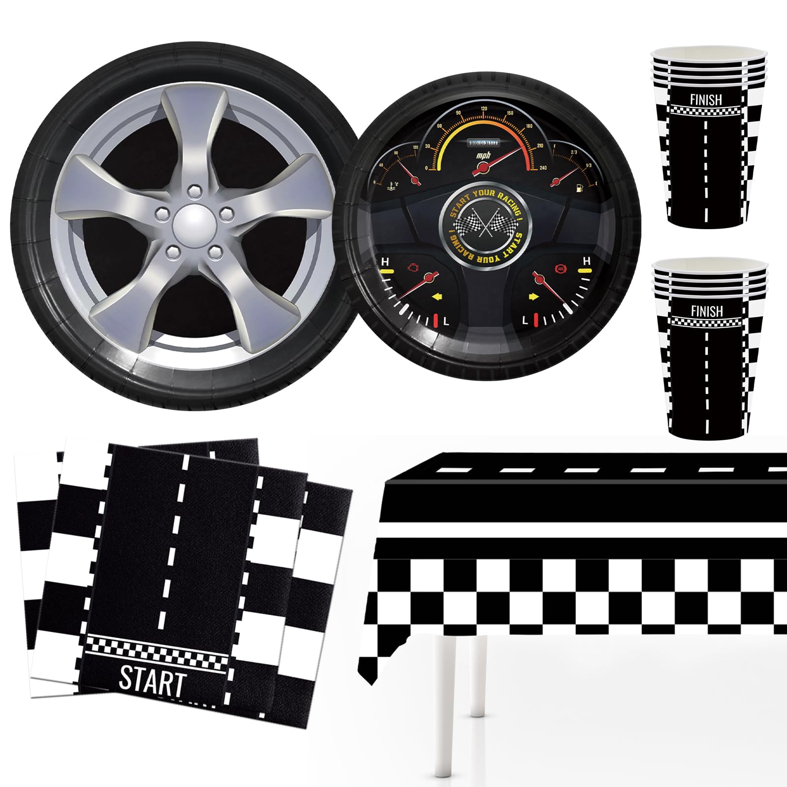 MORAINJAY 51 Pcs Racing Car Party Decorations, Racing Car Tableware Set, Tire Paper Plates, Cups, Checkered Napkins, Boys Kids Birthday Table Decor Supplies (10 Guests)